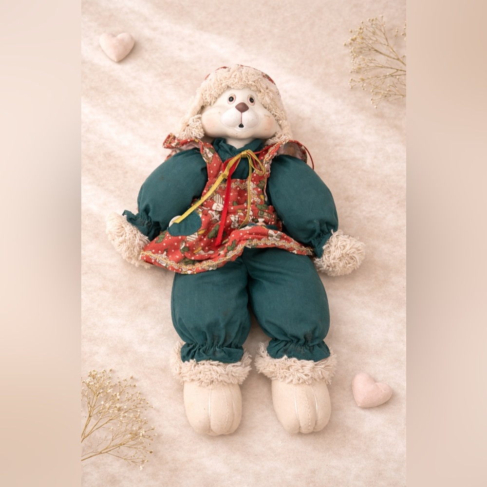 Plush Holiday Bear Doll in Green with Red Floral Dress